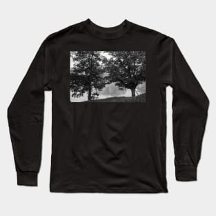 Black and white Two oak trees on river edge in early  morning fog Long Sleeve T-Shirt